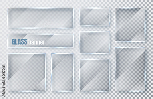 Glass plates set. Glass banners on transparent background. Flat glass clear window. Vector illustration