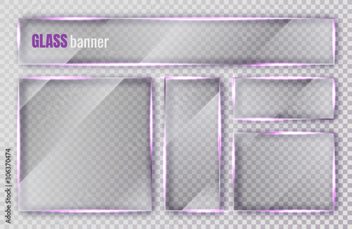 Glass plates set. Glass banners on transparent background. Flat glass clear window. Vector illustration
