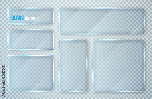 Glass plates set. Glass banners on transparent background. Flat glass clear window. Vector illustration
