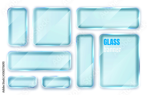 Glass plates set. Glass banners on transparent background. Flat glass clear window. Vector illustration