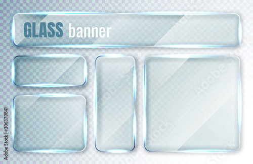 Glass plates set. Glass banners on transparent background. Flat glass clear window. Vector illustration