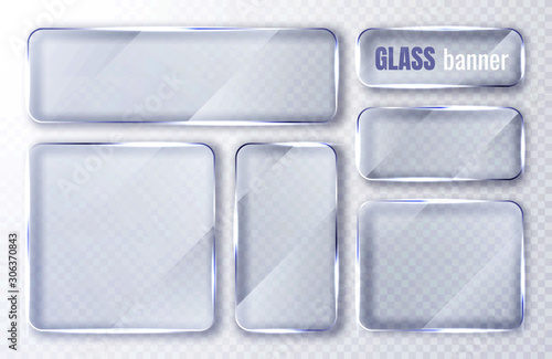 Glass plates set. Glass banners on transparent background. Flat glass clear window. Vector illustration