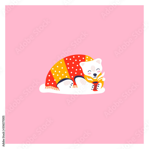 Icon of cute polar bear. Character hand drawn style for happy new year card. Funny animal lies under the covers and drinks tea.