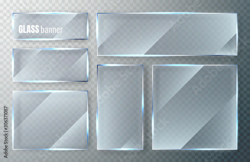 Glass plates set. Glass banners on transparent background. Flat glass clear window. Vector illustration