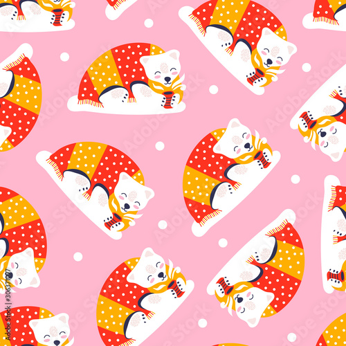 Seamless pattern with icons of cute polar bear. Background and cute characters hand drawn style for new year print. Funny animal lies under the covers and drinks tea.