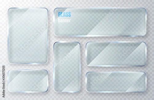 Glass plates set. Glass banners on transparent background. Flat glass clear window. Vector illustration