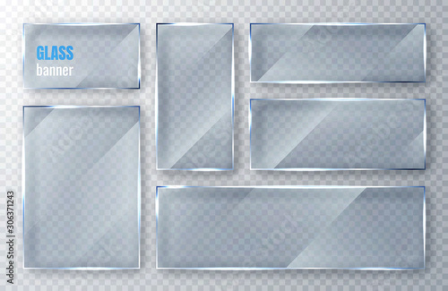Glass plates set. Glass banners on transparent background. Flat glass clear window. Vector illustration