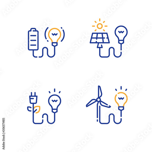 Alternative energy concept, green electrical technology, solar panel, wind turbine, battery and light-bulb