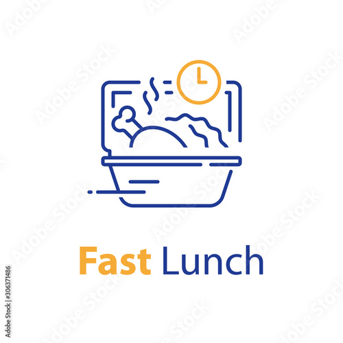 Fast lunch, ready food to eat, take away order, quick meal, open box and clock
