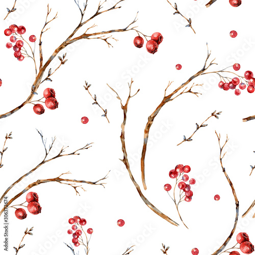 Watercolor Christmas natural seamless pattern of tree branches  red berries.