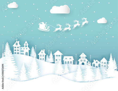 Winter landscape with houses and trees.Santa Claus on the sky in winter season.Merry Christmas and Happy New Year. paper art design.Vector EPS 10.