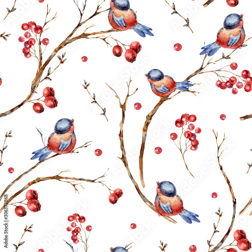 Photography Watercolor winter natural seamless pattern of birds, tree branches, red berries
