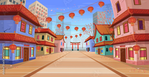 Fototapeta Panorama chińska ulica ze starymi domami, chińskim łukiem, lampionami i girlandą. Ilustracja wektorowa ulicy miasta w stylu cartoon.