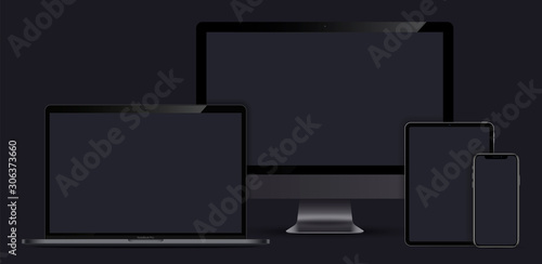 Devices dark color screen mockup. Smartphone, tablet, laptop and monoblock monitor, with blank dark screen. Vector EPS10