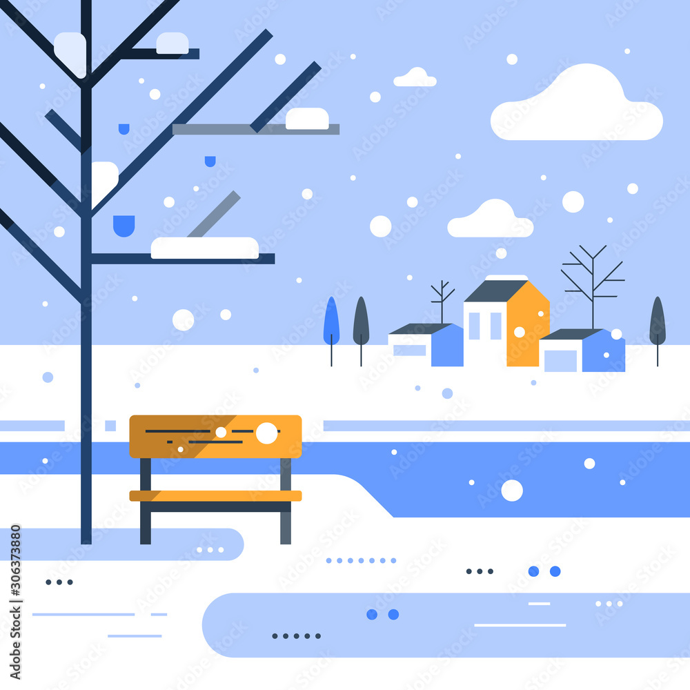 Winter park scene, small bench at river bank, snowing weather, beautiful view, group of residential houses in background