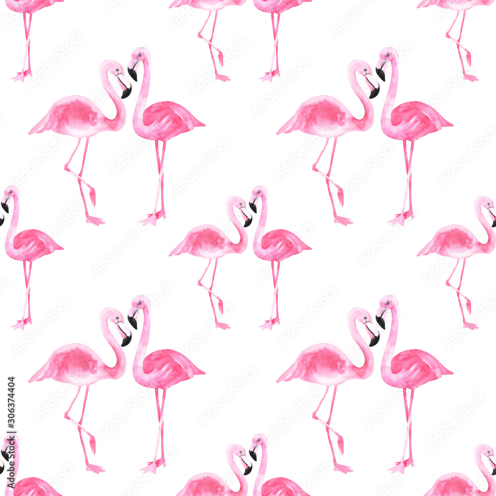 Fototapeta premium Watercolor pink flamingo pattern on an isolated white background, watercolor drawing. Stock illustration.