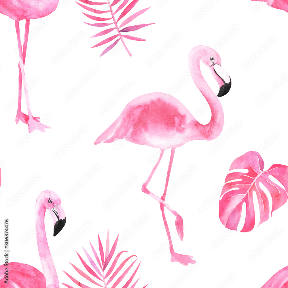 Fototapeta Jungle isolated seamless pattern with tropical leaves, palm monster banana, flamingo on an isolated white background. Fabric wallpaper print texture. Stock illustration.