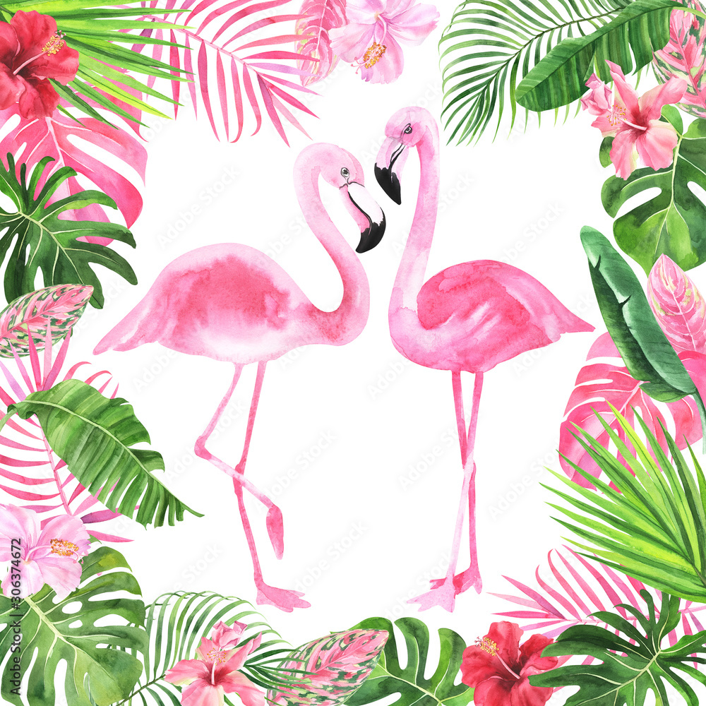 Obraz premium Watercolor frame with tropical leaves, flamingo, monstera, banana on an isolated background, greeting postcard, invitation. stock illustration.