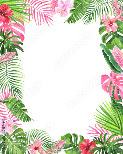 Watercolor frame with tropical leaves, hibiscus, palm, banana, monstera on an isolated background, greeting postcard, invitation. stock illustration.