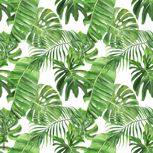 Fototapeta Naklejka Na Ścianę i Meble -   Tropical seamless pattern with tropical leaves, palm banana monstera on an isolated white background, watercolor jungle drawing, stock illustration.