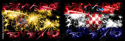 Spanish vs Croatia, Croatian New Year celebration sparkling fireworks flags concept background. Combination of two abstract states flags. © Vlad
