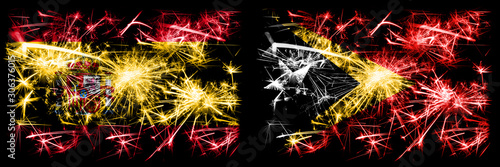 Spanish vs East Timor New Year celebration sparkling fireworks flags concept background. Combination of two abstract states flags. © Vlad