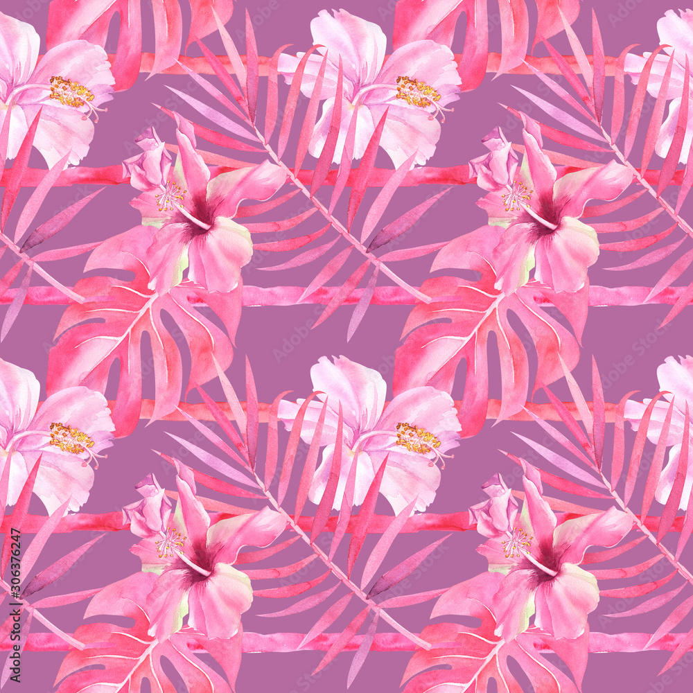 Seamless pattern with tropical leaves, stripes, hibiscus, monstera on a pink background, watercolor jungle drawing, stock illustration.