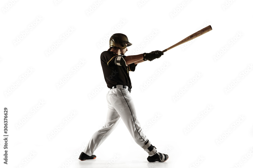 Baseball player, pitcher in a black uniform practicing and training isolated on a white background. Young professional sportsman in action and motion. Healthy lifestyle, sport, movement concept. Baseball player, pitcher in a black uniform practicing and training isolated on a white background. Young professional sportsman in action and motion. Healthy lifestyle, sport, movement concept.