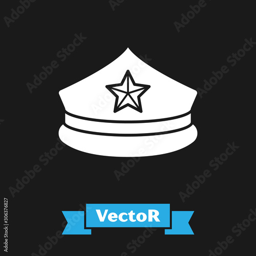 White Police cap with cockade icon isolated on black background. Police hat sign. Vector Illustration