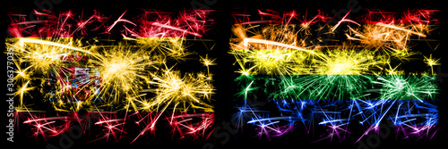 Spanish vs Gay pride New Year celebration sparkling fireworks flags concept background. Combination of two abstract states flags. © Vlad