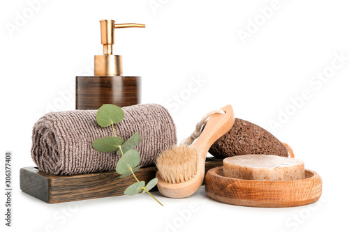 Set of accessories for bath and personal hygiene on white background photo