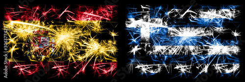 Spanish vs Greece, Greek New Year celebration sparkling fireworks flags concept background. Combination of two abstract states flags. © Vlad