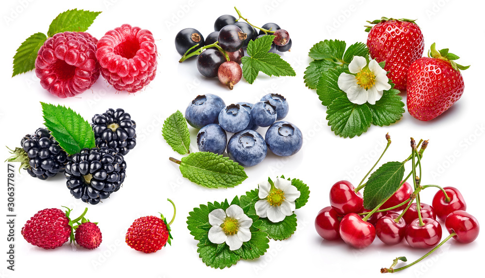 Set fresh berries healthy food fruit with green leaf, isolated on white background. Set fresh berries healthy food fruit with green leaf, isolated on white background.
