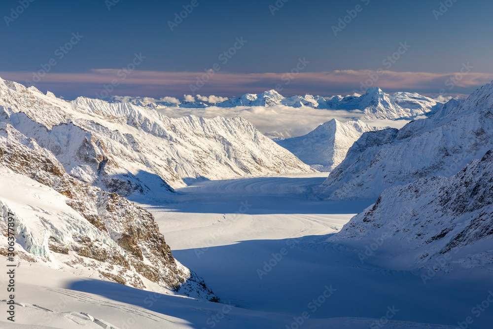 Snowcapped mountain range of Jungfrau in winter.
