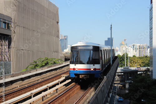 The Sky train is approaching the platform in Bangkok, Thailand