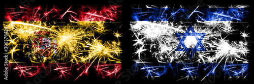 Spanish vs Israel, Israeli New Year celebration sparkling fireworks flags concept background. Combination of two abstract states flags. © Vlad