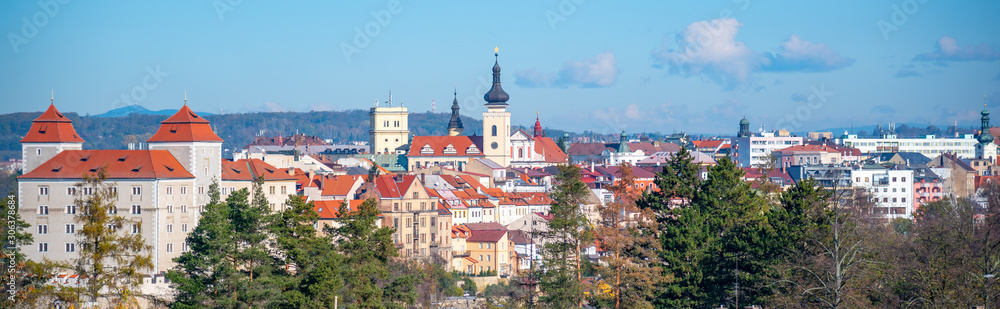 Cityscape of Mlada Boleslav with Old Town buildings and Mlada Boleslav Castle, Czech Republic