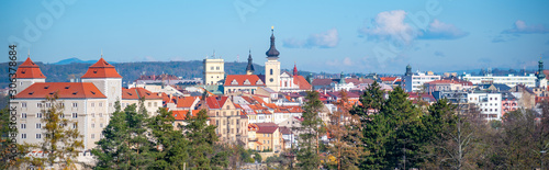 Cityscape of Mlada Boleslav with Old Town buildings and Mlada Boleslav Castle, Czech Republic