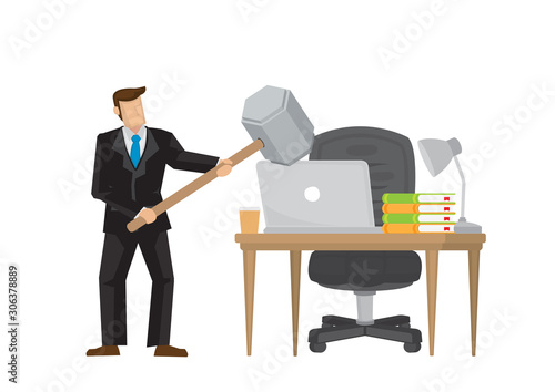 Businessman angry with his computer and smashing with a hammer.