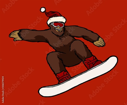 Bigfoot in Santa Claus hat riding snowboard. Yeti snowboarder.