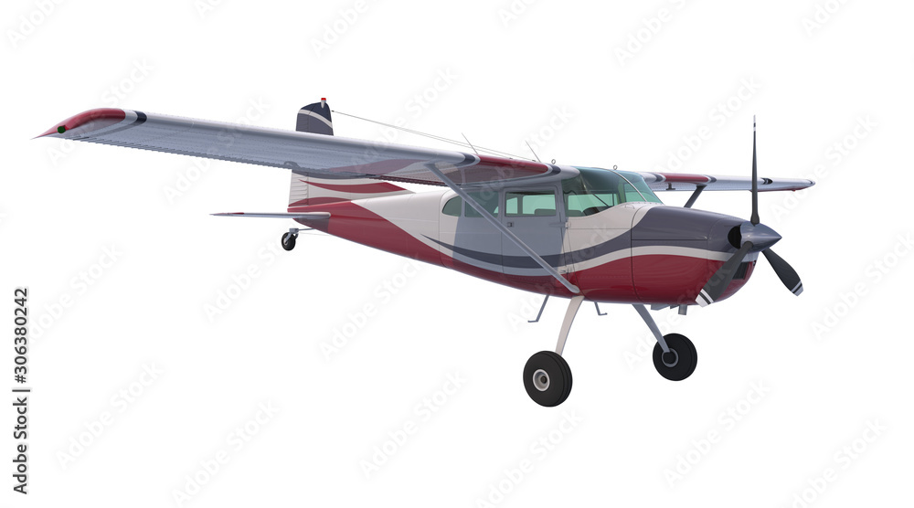 Light aircraft isolated on white background. Bush plane. 3D rendering. Propeller driven single engine aircraft for transporting people and cargo to hard to reach places. Light aircraft isolated on white background. Bush plane. 3D rendering. Propeller driven single engine aircraft for transporting people and cargo to hard to reach places.