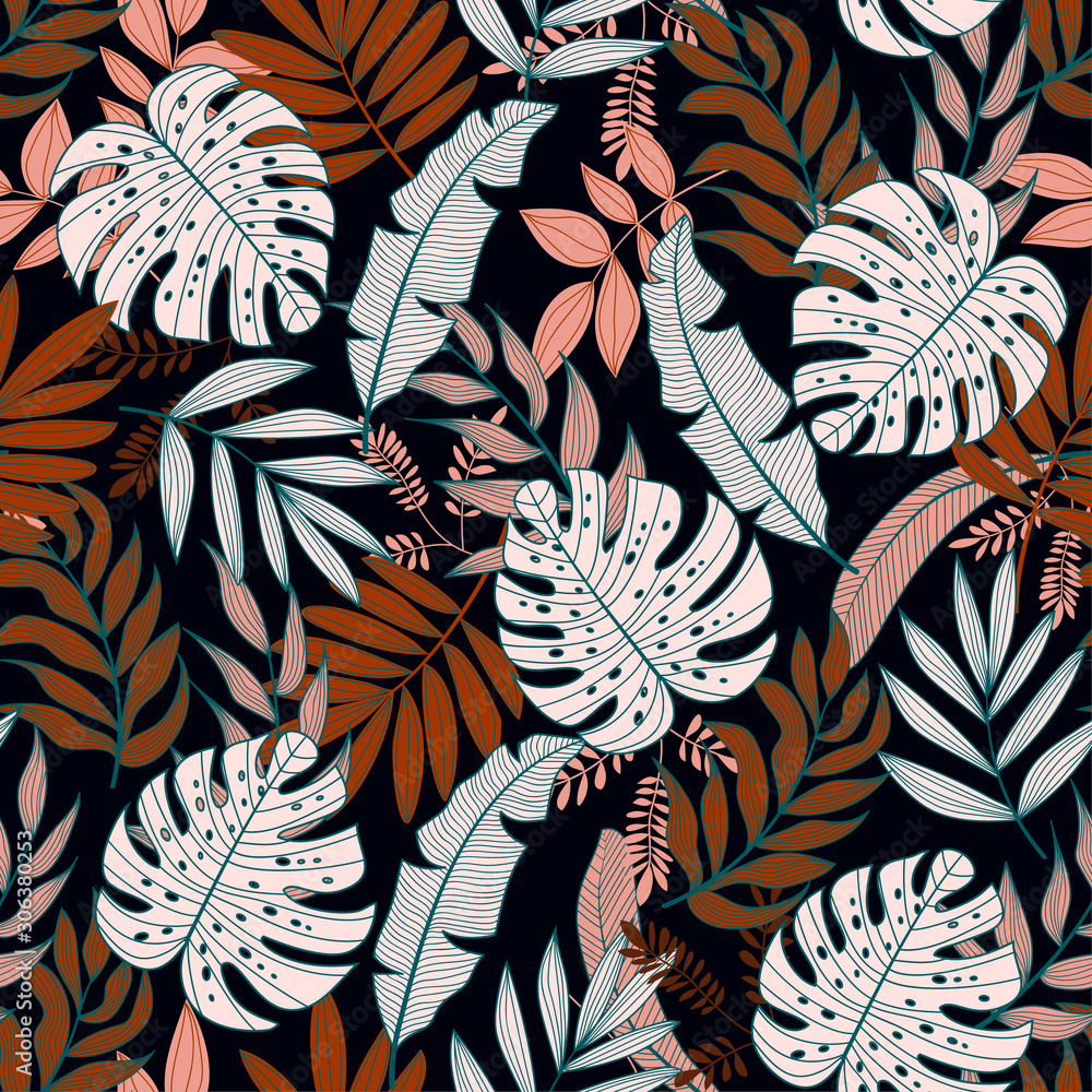 Colorful seamless pattern with tropical plants on dark background. Jungle leaves. Floral pattern. Vector background for various surface. Exotic wallpaper. Trendy summer print.