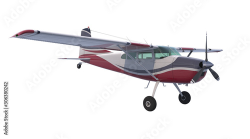 Light aircraft isolated on white background. Bush plane. 3D rendering. Propeller driven single engine aircraft for transporting people and cargo to hard to reach places.