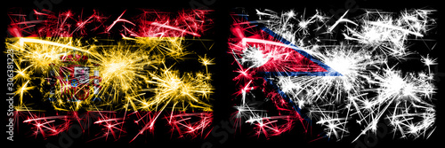 Spanish vs Nepal, Nepalese New Year celebration sparkling fireworks flags concept background. Combination of two abstract states flags. © Vlad