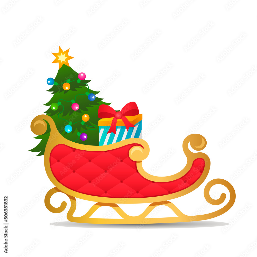 Gold and red sleigh Santa Claus with gifts and a Christmas tree with a garland on a white background.