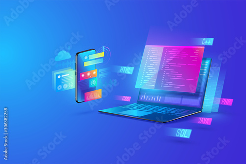 Web development, application design, coding and programming on laptop and smartphone concept with programming language and program code and layout on screen vector.