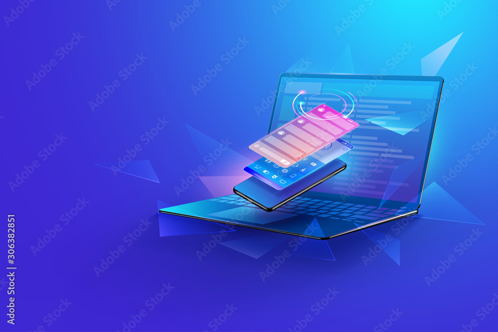 Mobile applications development concept. Isometric smartphone with futuristic UI and layers of applications and concept of web design illustration template Mobile applications development concept. Isometric smartphone with futuristic UI and layers of applications and concept of web design illustration template