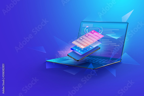 Mobile applications development concept. Isometric smartphone with futuristic UI and layers of applications and concept of web design illustration template