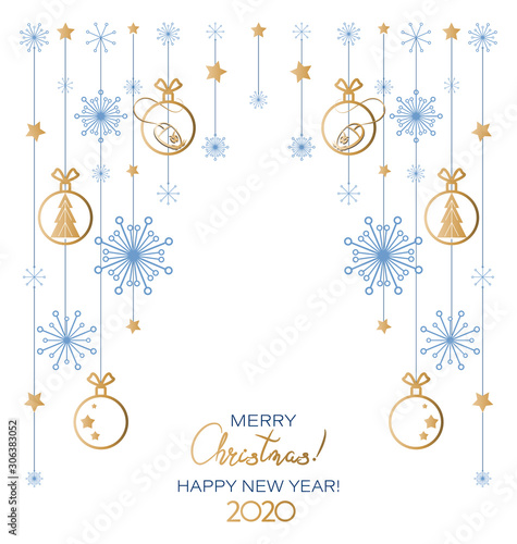Christmas  New Year s greetings. Ornament elements hanging on a white background. Festive frame  background  garland with toys  mouse  spruce  snowflakes  stars. Symbol of 2020. Vector illustration. 