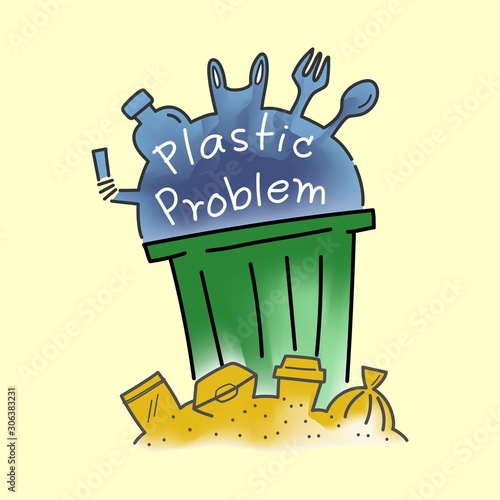 Overflowing green garbage can with single-use plastic waste. Doodle style. Vector illustration outline flat design.